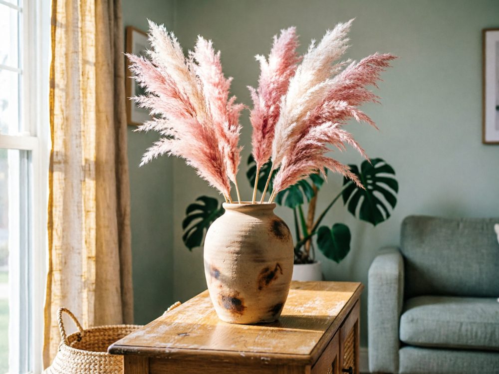Vaso de cerâmica com capim-dos-pampas rosado sobre móvel de madeira numa sala iluminada