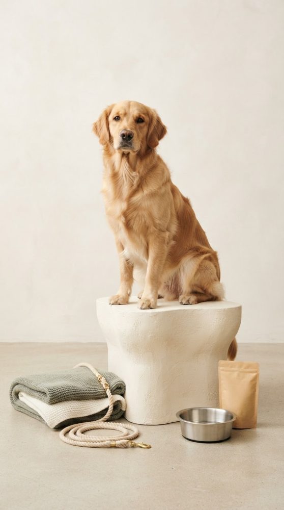 Golden Retriever sentado num banco branco com manta, trela, comedouro e saco de ração no chão