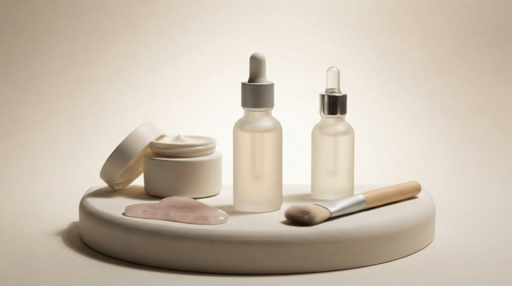 Produtos de beleza minimalistas com frascos de vidro, creme, pincel e pedra de massagem em suporte branco