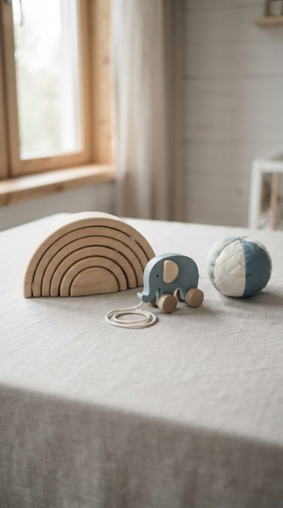 Brinquedos de madeira natural, elefante com rodas azul e bola almofadada num ambiente com luz natural