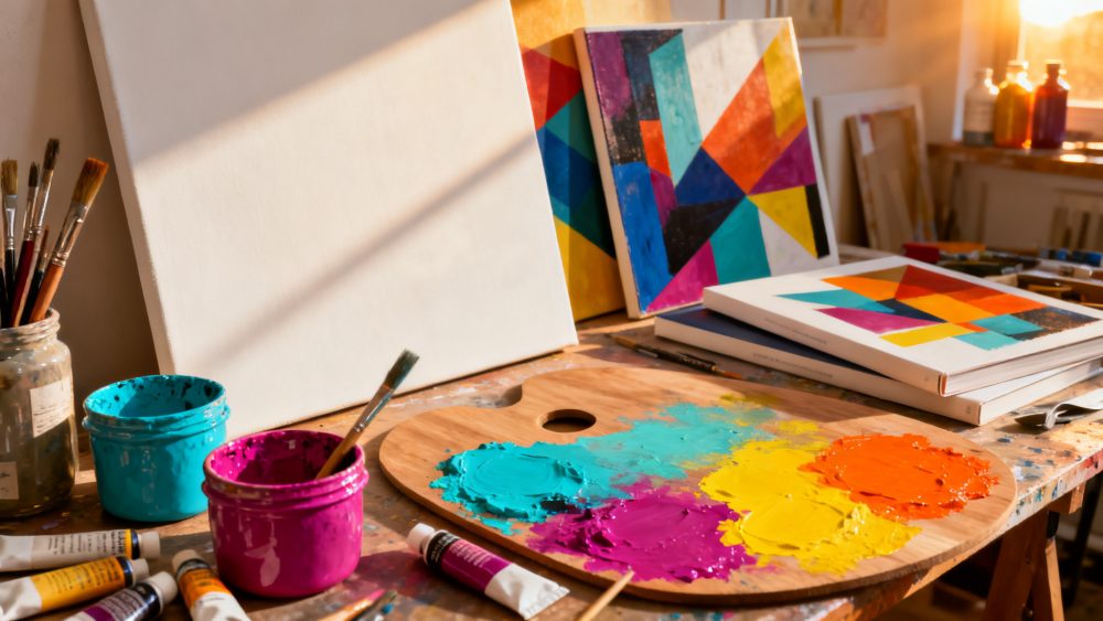 Mesa com paleta de cores vibrantes, pincéis e telas com pinturas geométricas coloridas sob luz natural