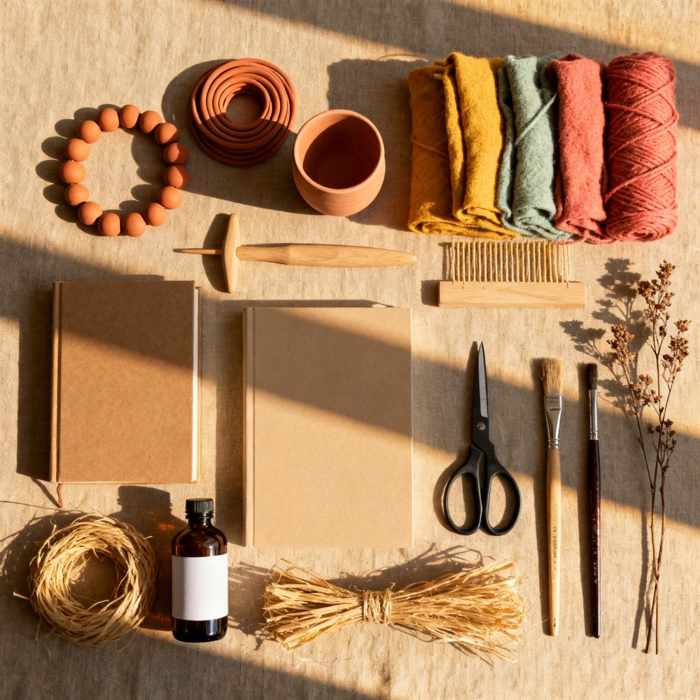 Materiais de artesanato naturais organizados em superfície bege com tecidos, cadernos, tesoura, pincéis e acessórios de madeira