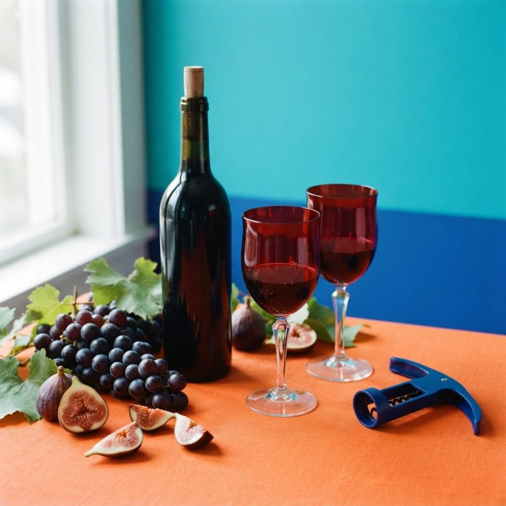 Garrafa de vinho tinto, duas taças, uvas e figos sobre mesa laranja e fundo azul