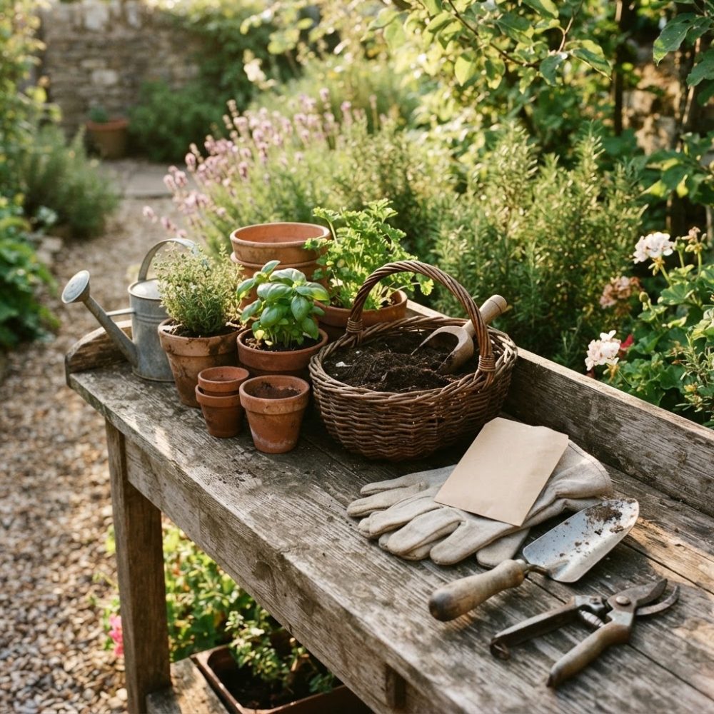 Mesa rústica com vasos de barro, ervas aromáticas, ferramentas de jardinagem e regador num jardim