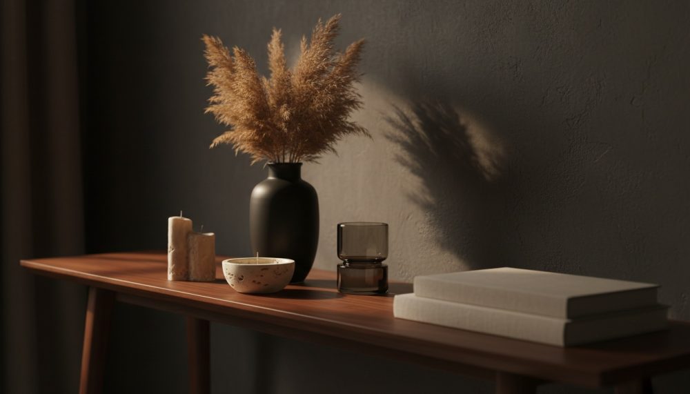 Consola de madeira com vaso preto, flores secas, velas, copo e livros numa decoração sóbria