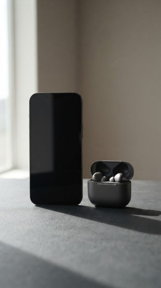 Smartphone preto com ecrã apagado ao lado de earphones sem fios num estojo aberto