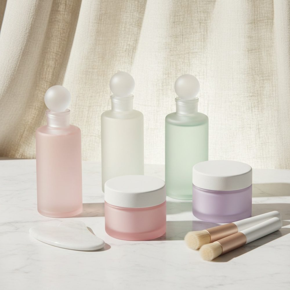 Conjunto de produtos de beleza em frascos foscos pastel com pincéis sobre superfície branca