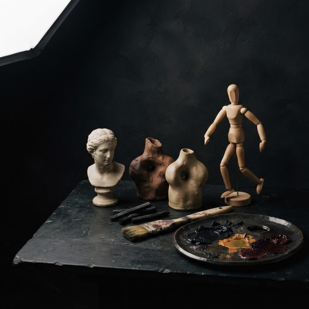 Mesa com manequim de madeira, bustos de escultura, carvão, pincel e paleta com tintas