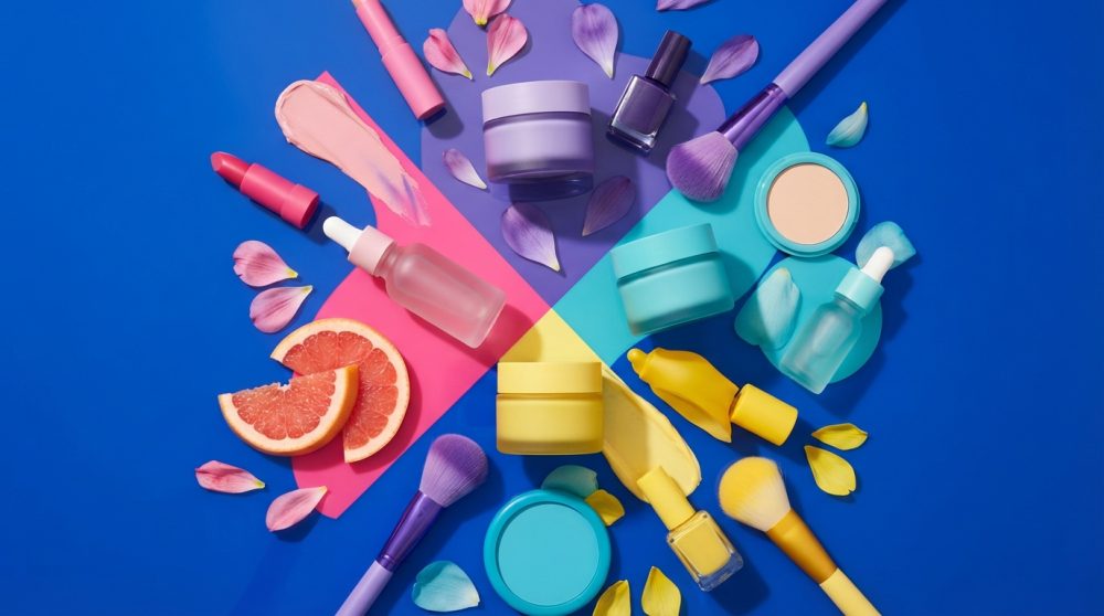 Conjunto colorido de cremes, maquilhagem, pincéis e fatias de toranja sobre fundo azul