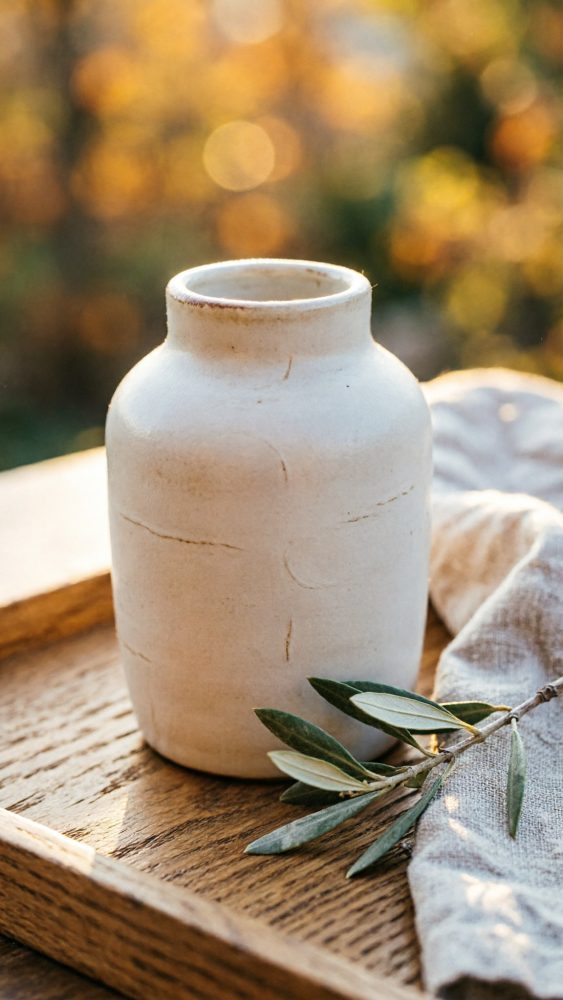 Vaso cerâmico branco com ramo de folhas verdes sobre tabuleiro de madeira e pano bege