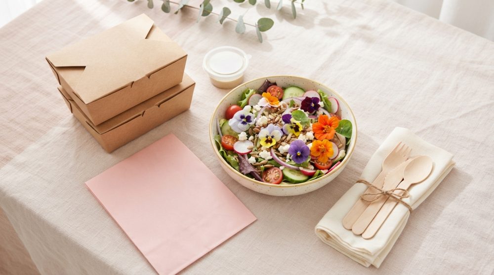 Salada colorida com flores comestíveis ao lado de embalagens de cartão e talheres de madeira