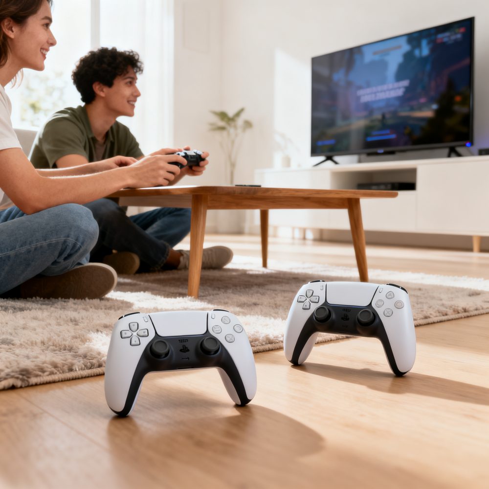 Dois jovens sentados em sala moderna a jogar videojogo, com comandos na frente em chão de madeira clara