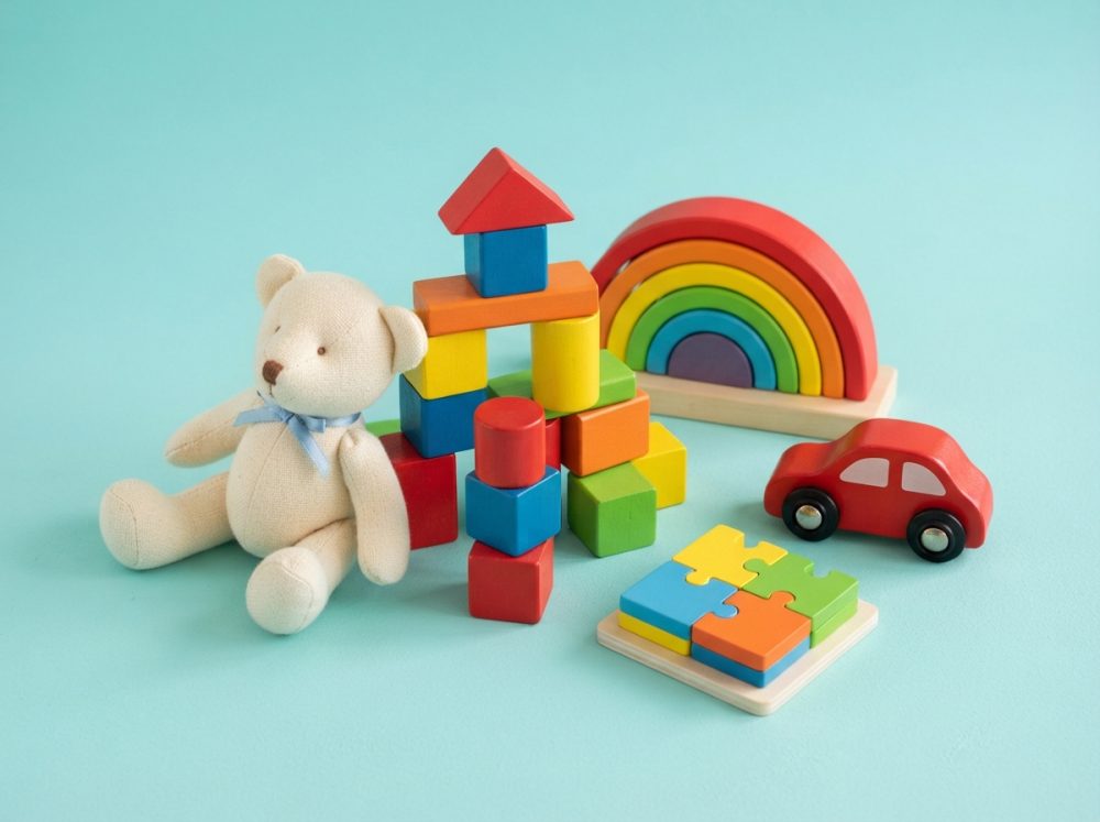 Brinquedos coloridos: urso de peluche, blocos de madeira, arco-íris, puzzle e carro vermelho