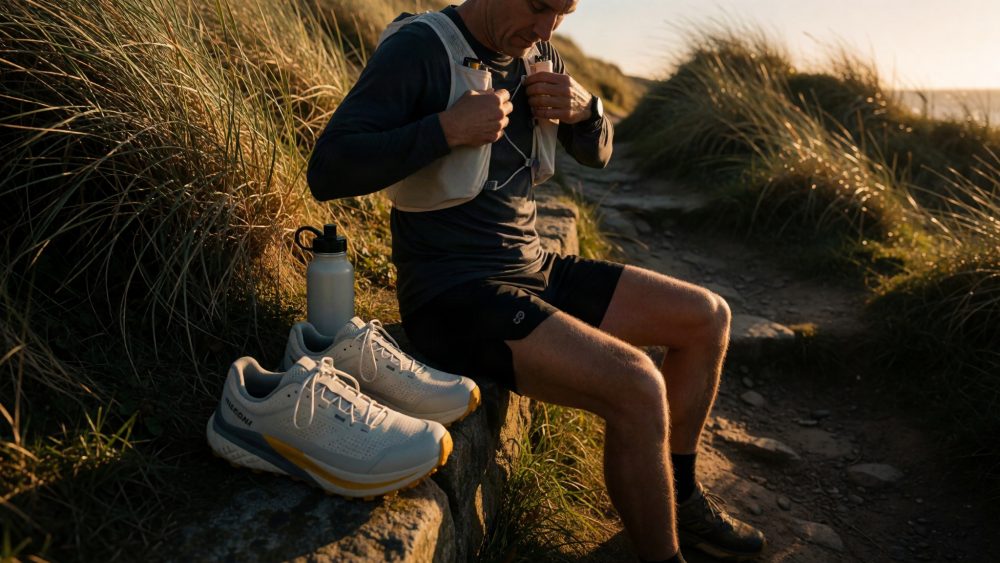 Atleta de trail sentado em pedra na natureza com ténis e mochila de hidratação ao pôr do sol