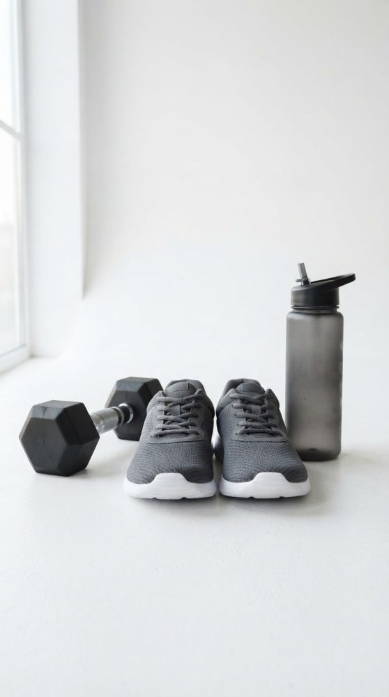 Tênis desportivos cinzentos, haltere preto e garrafa de água sobre fundo branco