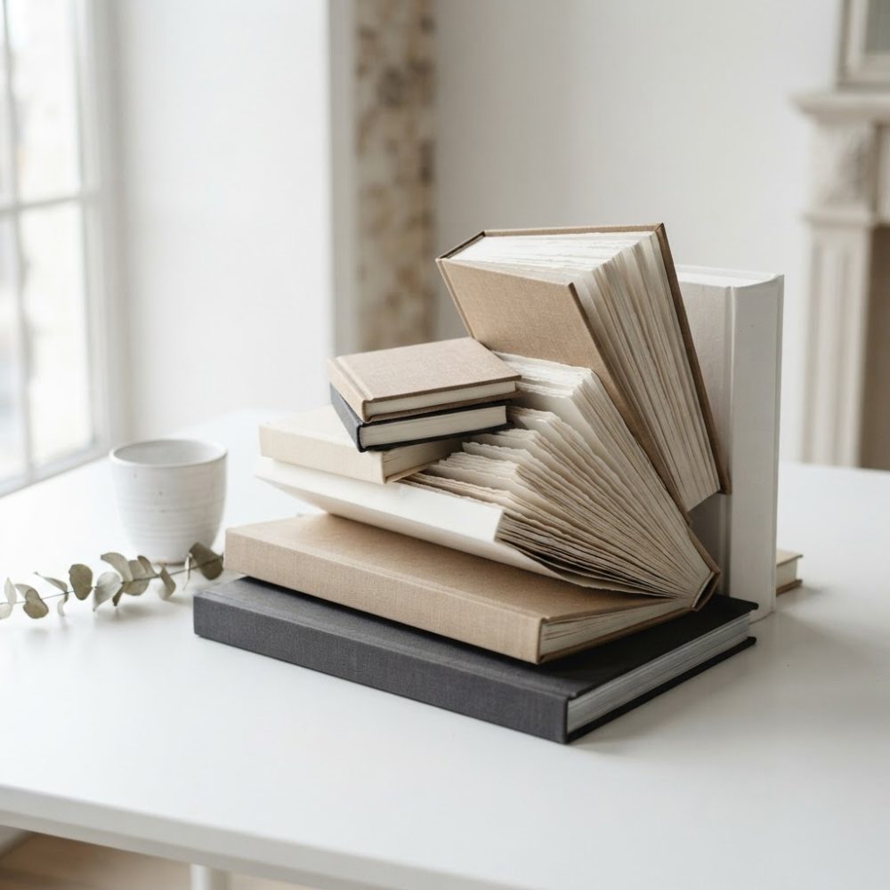 Livros com capas neutras empilhados numa mesa branca perto de uma chávena e folhas secas
