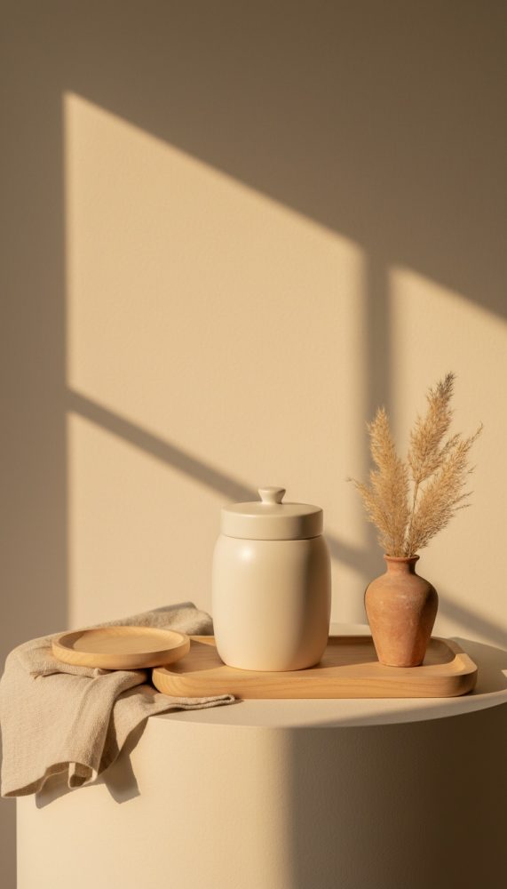 Jarro creme, prato de madeira e vaso com arranjo seco numa superfície clara iluminada por luz natural