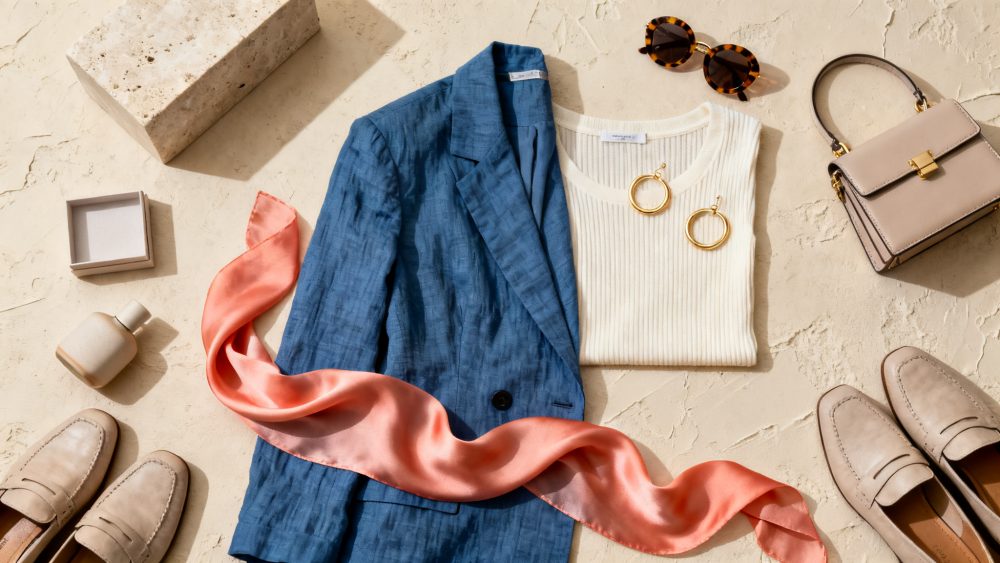Blazer azul, camisola branca, lenço rosa, acessórios e sapatos bege sobre fundo claro texturado