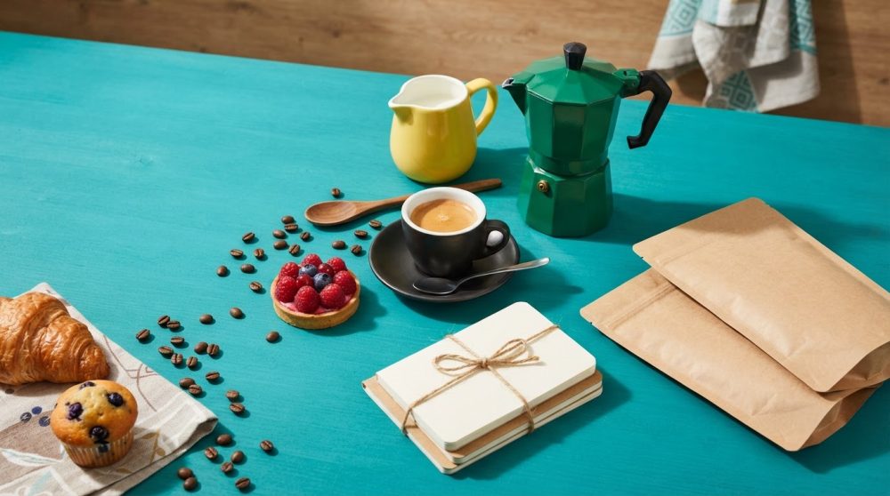 Mesa azul com café expresso, pastelaria, cafeteira verde, jarra amarela e cadernos empilhados