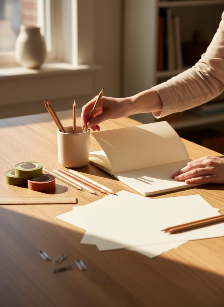 Mesa de madeira com lápis, caderno aberto, folhas e fitas adesivas em ambiente iluminado por luz natural