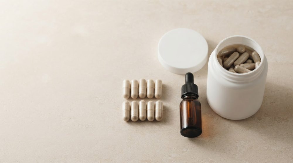 Suplementos com cápsulas e frasco conta-gotas sobre superfície clara