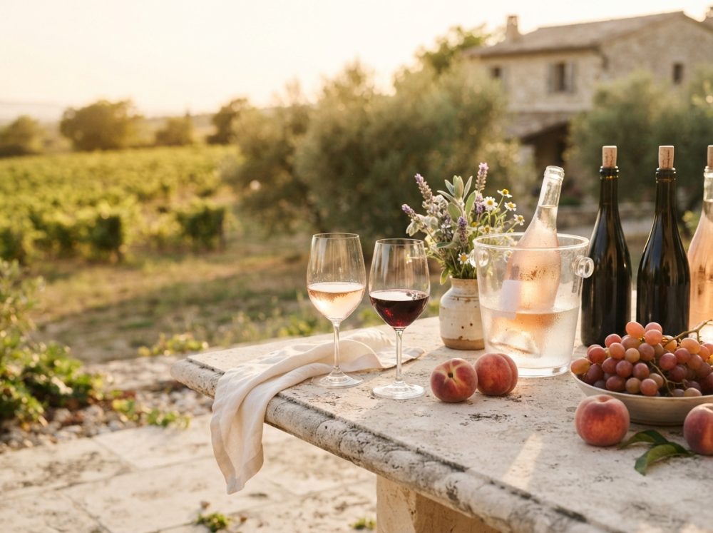 Mesa rústica com vinhos tinto e rosé, taças, frutas e flores ao ar livre junto a vinha