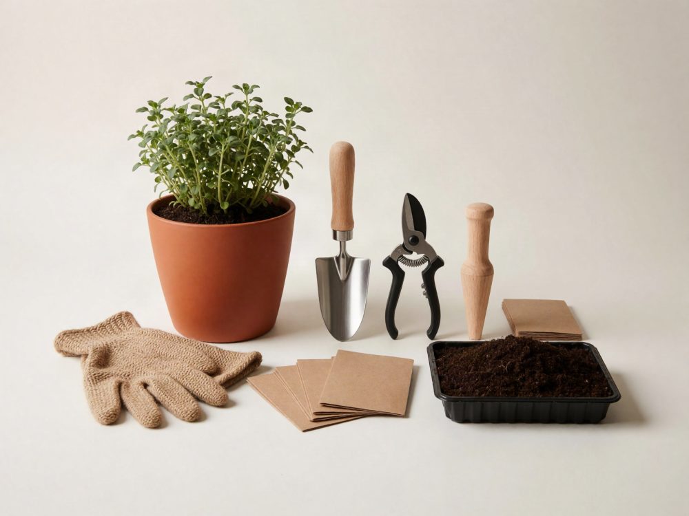 Kit de jardinagem com planta em vaso, luvas, pá, tesoura, mourão, terra e sementes
