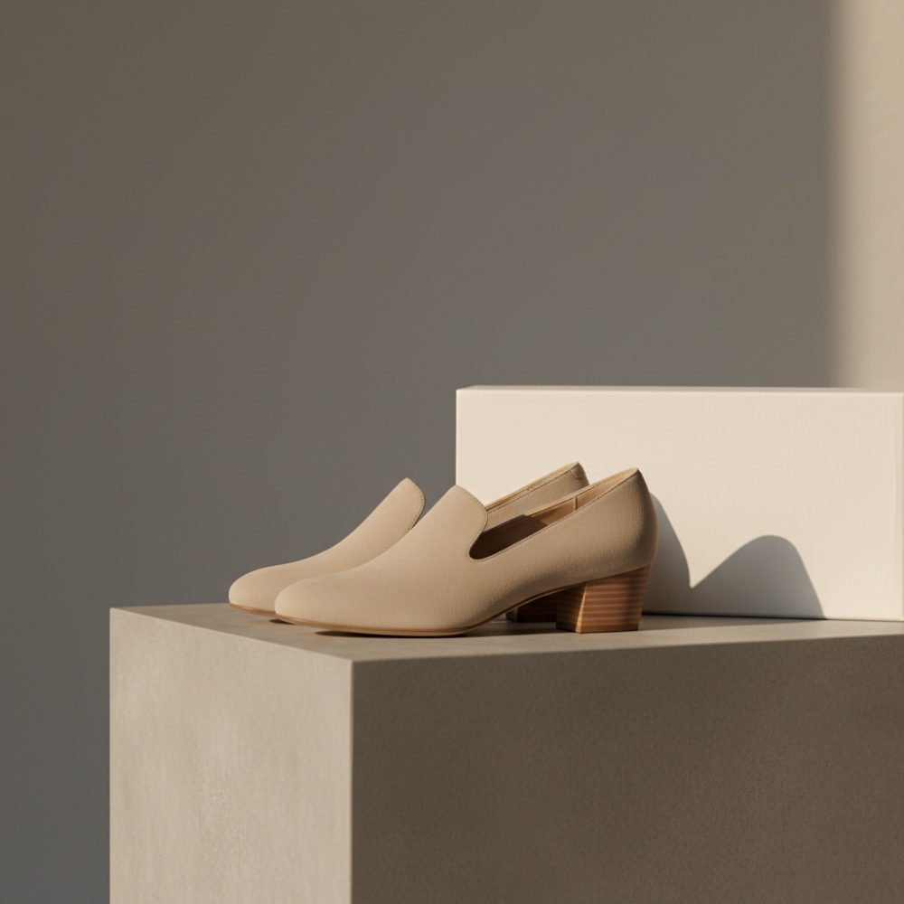 Par de sapatos femininos bege com salto médio em madeira sobre surface clara