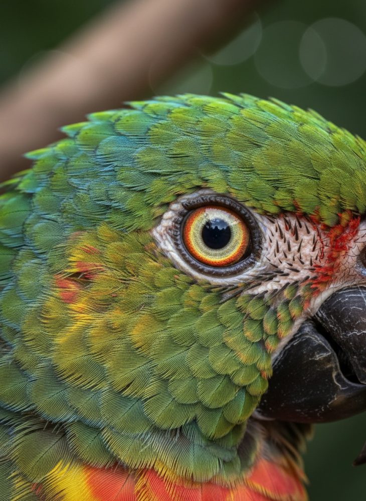 Close de um papagaio com padrão de penas verdes, amarelas e vermelhas e um olho grande e expressivo