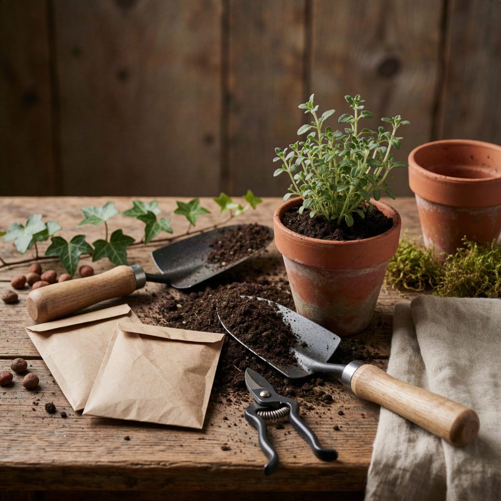 Conjunto de ferramentas de jardinagem com vasos em barro e plantas numa mesa de madeira rústica