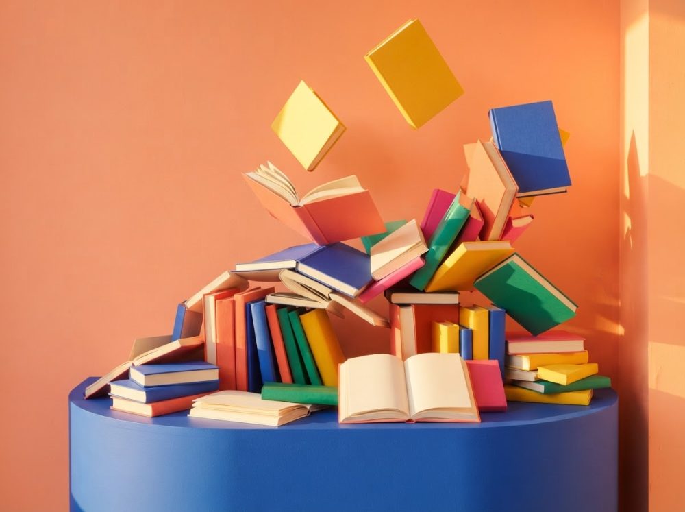 Livros coloridos empilhados e em voo sobre suporte azul contra parede salmão