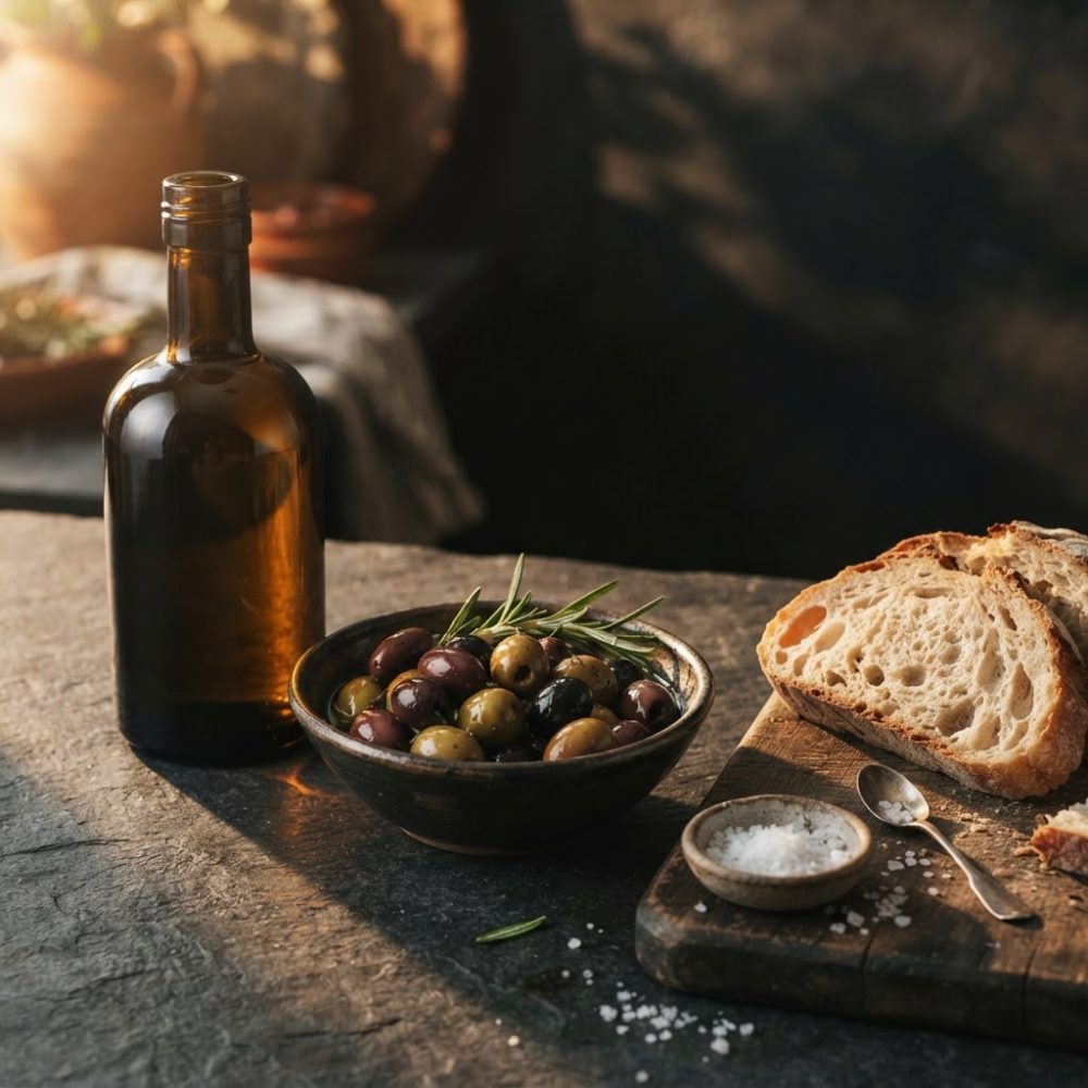 Tigela com azeitonas variadas, fatias de pão rústico, pequeno recipiente de sal e garrafa escura