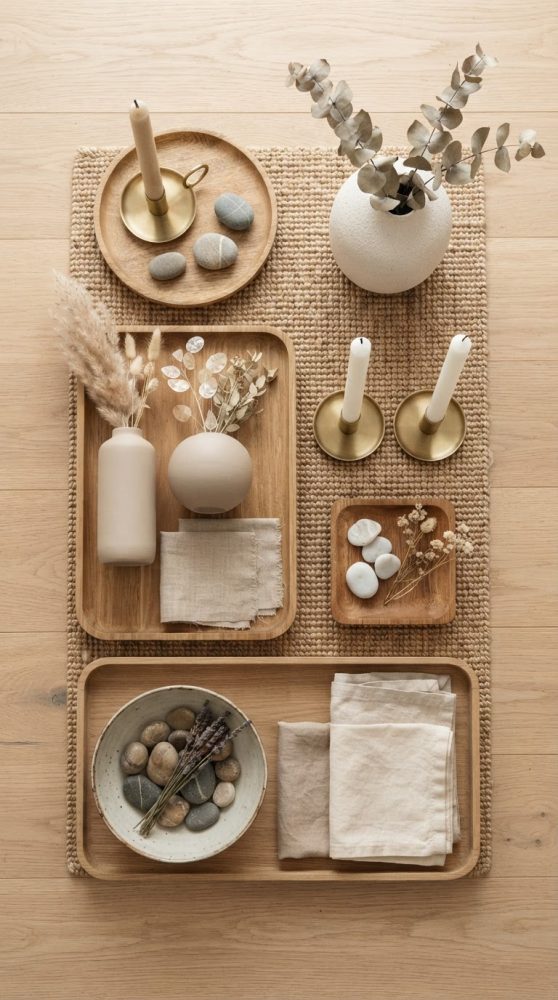 Decoração minimalista com velas, vasos e pedras sobre madeira clara e tapete natural