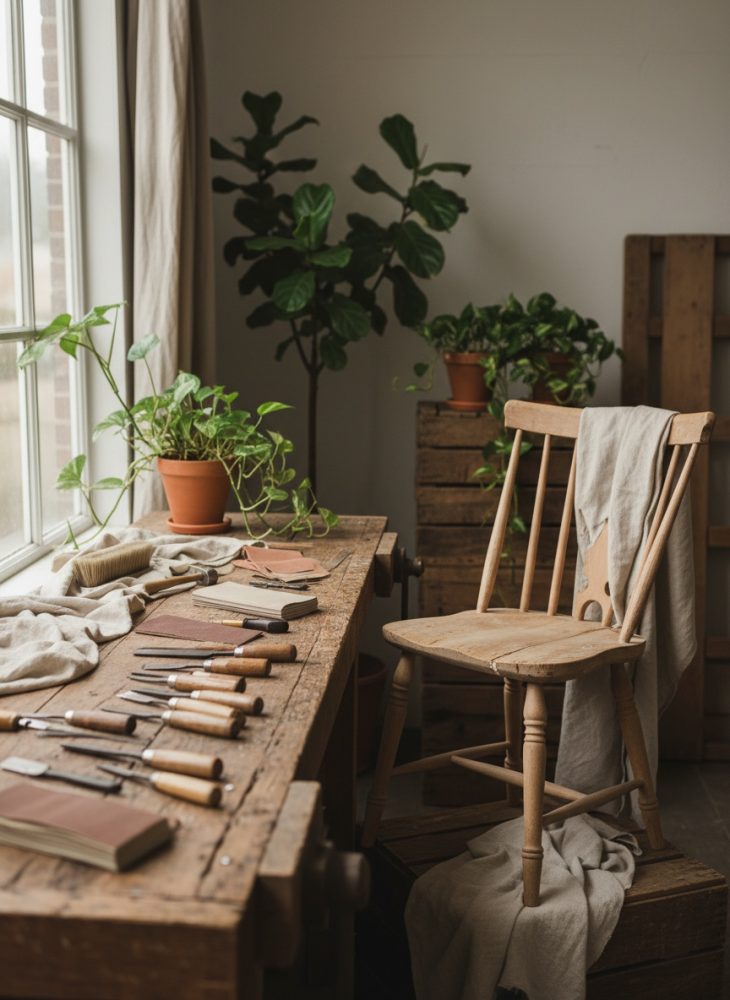 Mesa de madeira com ferramentas de restauração e cadeira rústica junto a plantas em vasos