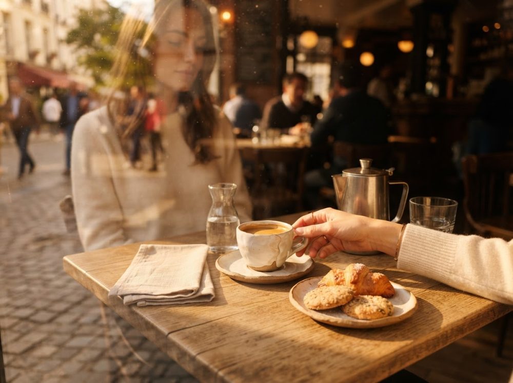 Mesa de café com chávena, croissant, biscoitos, jarra de água e bule num ambiente acolhedor de café