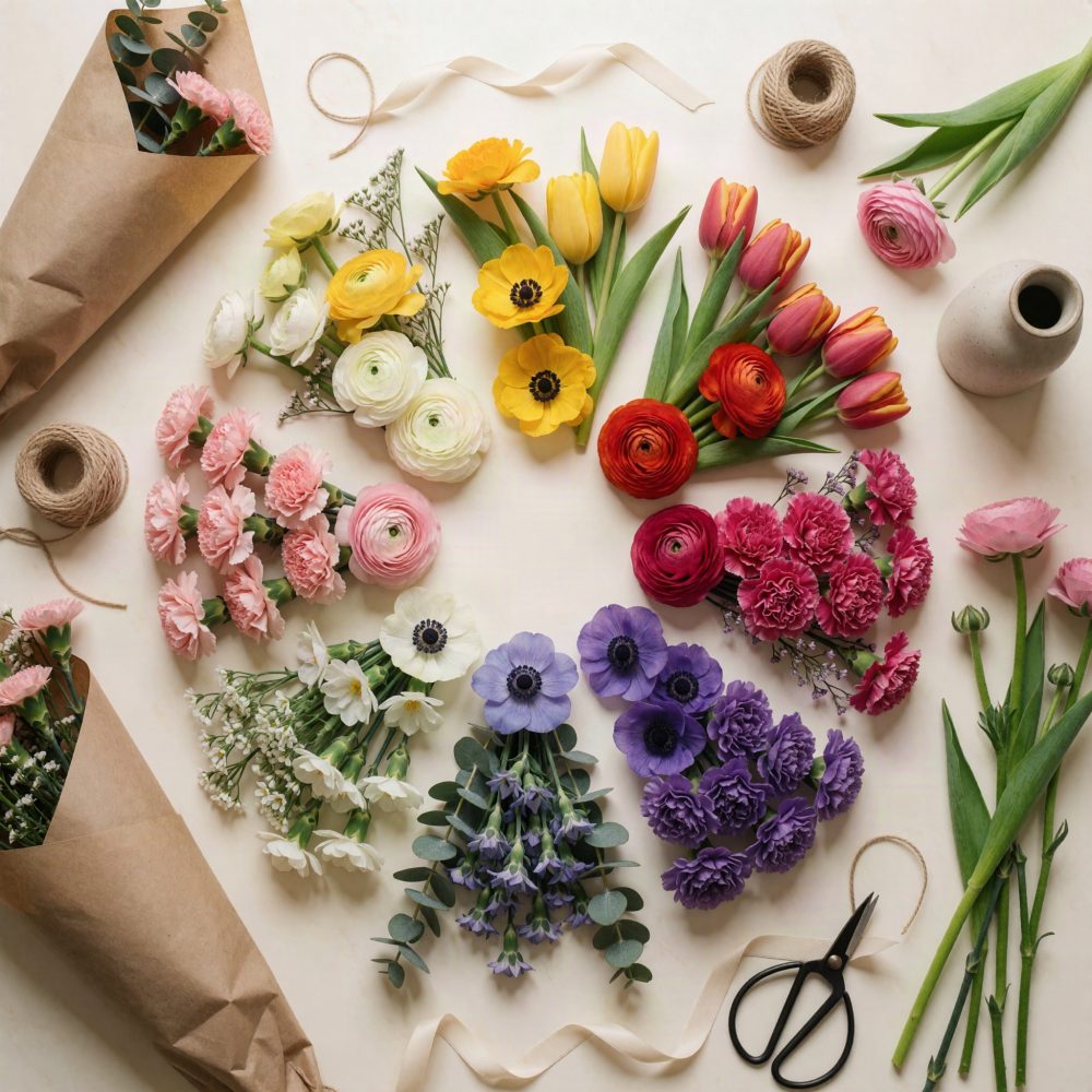 Diversas flores frescas coloridas organizadas com acessórios de florista sobre superfície clara
