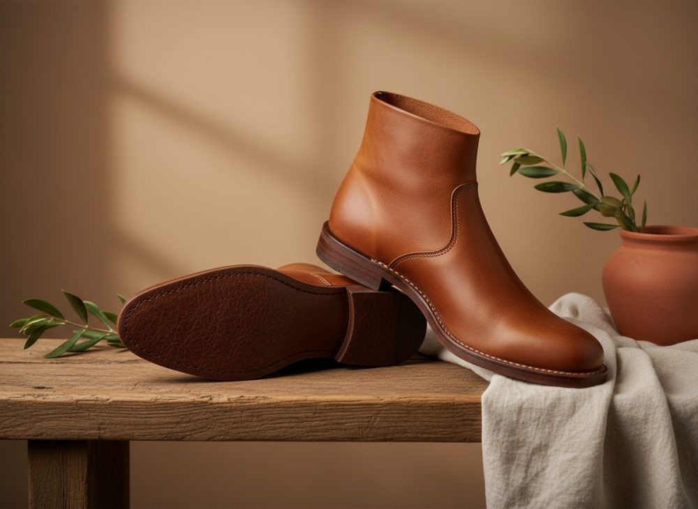 Botas castanhas de pele, uma deitada com sola visível sobre mesa de madeira com planta e tecido claro
