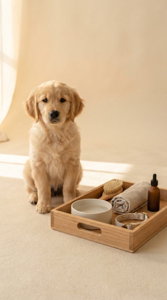 Filhote de cão Golden Retriever com bandeja de madeira contendo escova, toalha, comedouro, coleira e frasco de óleo