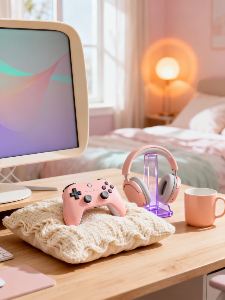 Conjunto rosa de comando gaming, auscultadores e monitor vintage num ambiente acolhedor