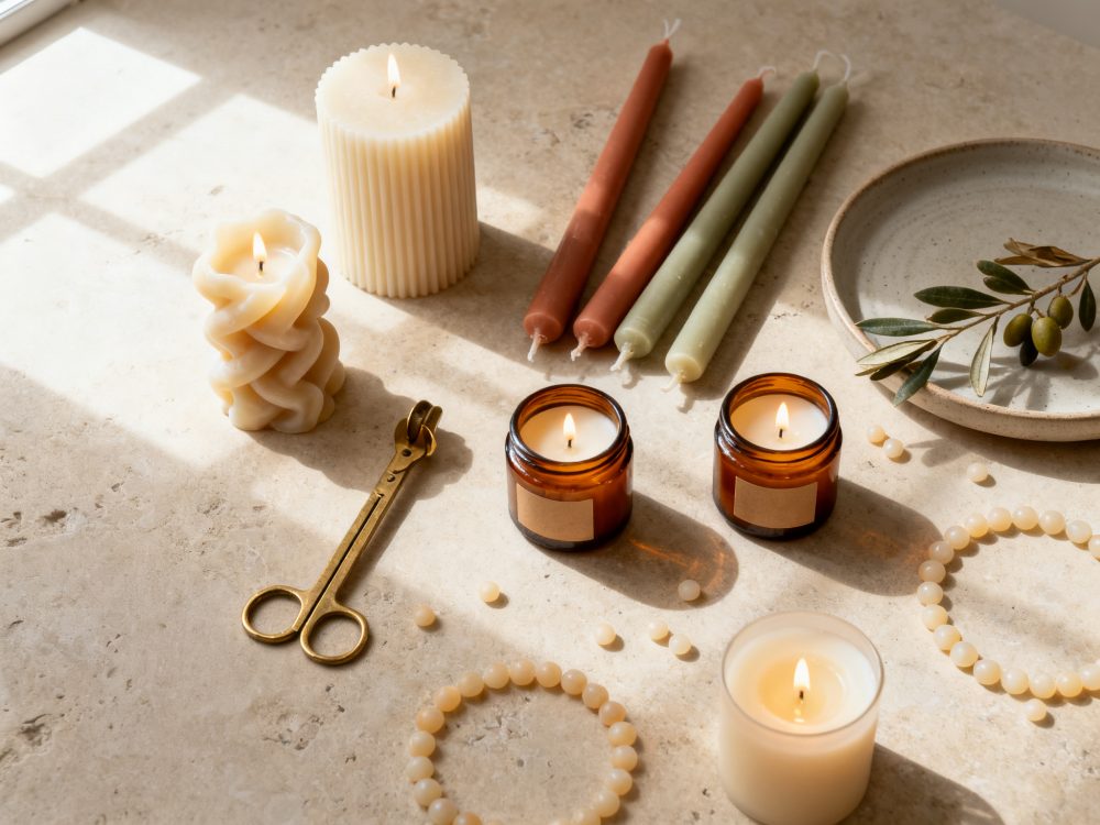 Velas decorativas acesas de vários formatos, com frascos âmbar e acessórios numa superfície clara