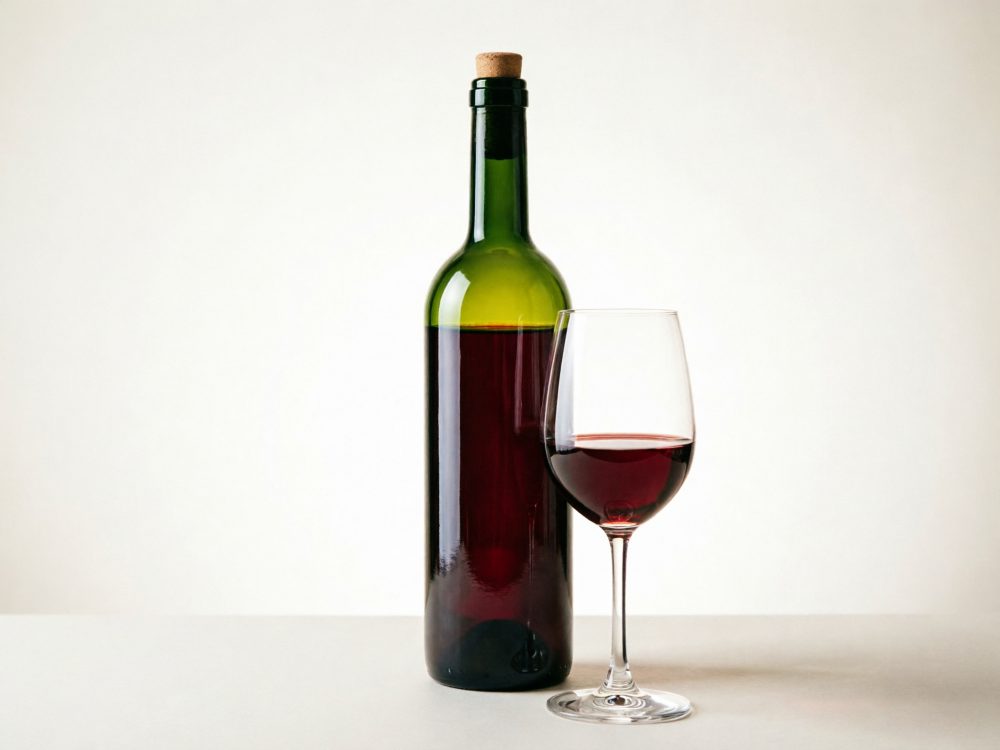 Garrafa verde com vinho tinto e copo com vinho sobre superfície clara e fundo neutro