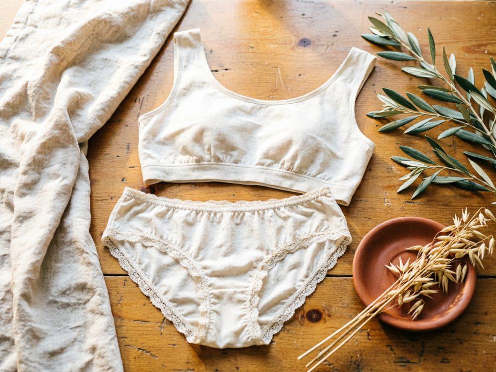 Conjunto bege de lingerie em algodão com renda colocado sobre madeira clara com ramos e tecido