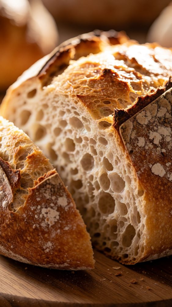 Pão artesanal rústico com interior alveolado e côdea dourada crocante