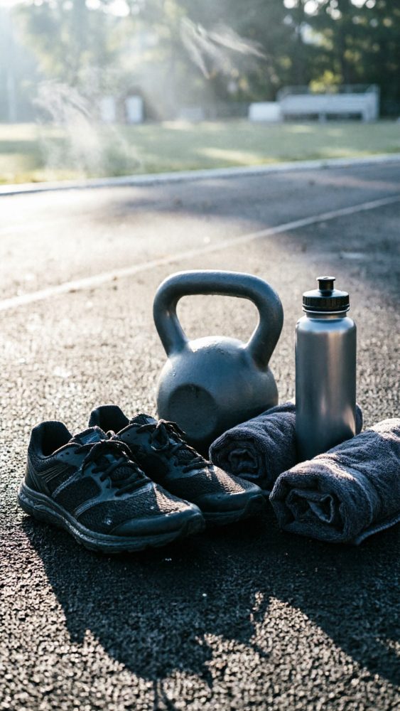 Equipamento de treino ao ar livre com kettlebell, sapatilhas, garrafa de água e toalhas sobre piso de parque desportivo