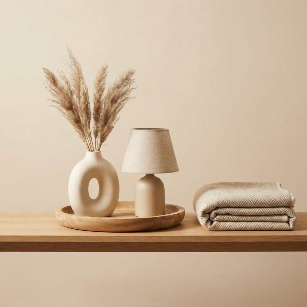 Conjunto decorativo com vaso, abajur e mantas em tons neutros sobre mesa de madeira clara