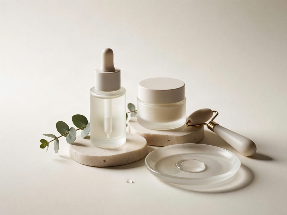 Conjunto de sérum, creme, roller facial e base decorativa em fundo claro