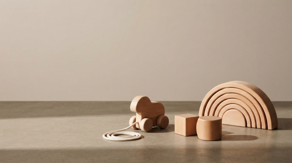 Brinquedos de madeira natural: carrinho puxador, blocos geométricos e arco-íris empilhável