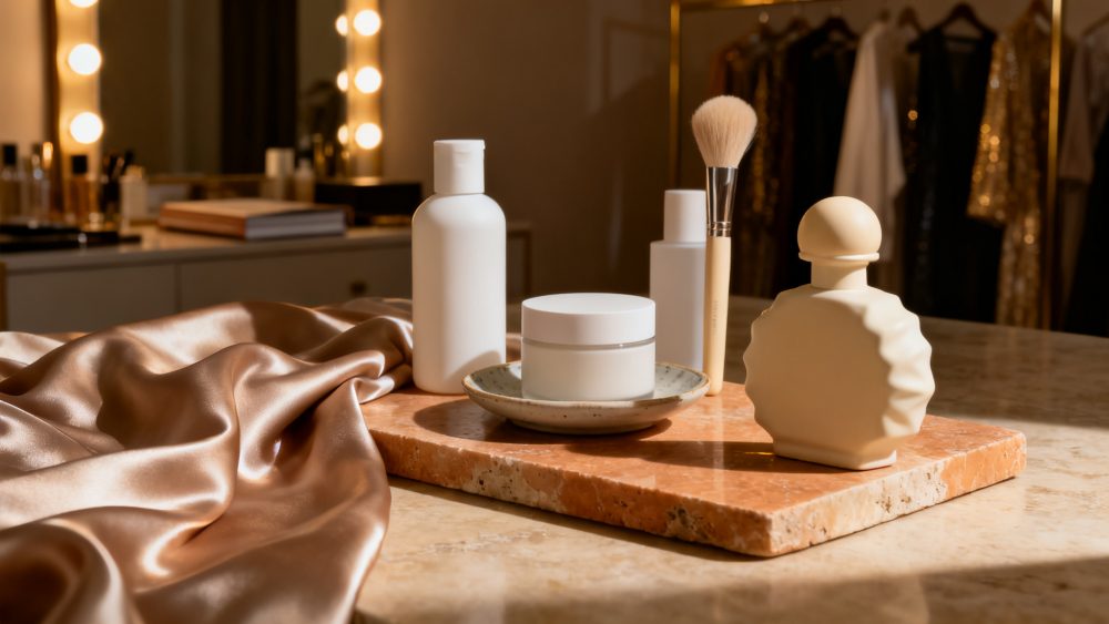 Produtos de beleza minimalistas sobre base de pedra com tecido acetinado ao lado em luz quente