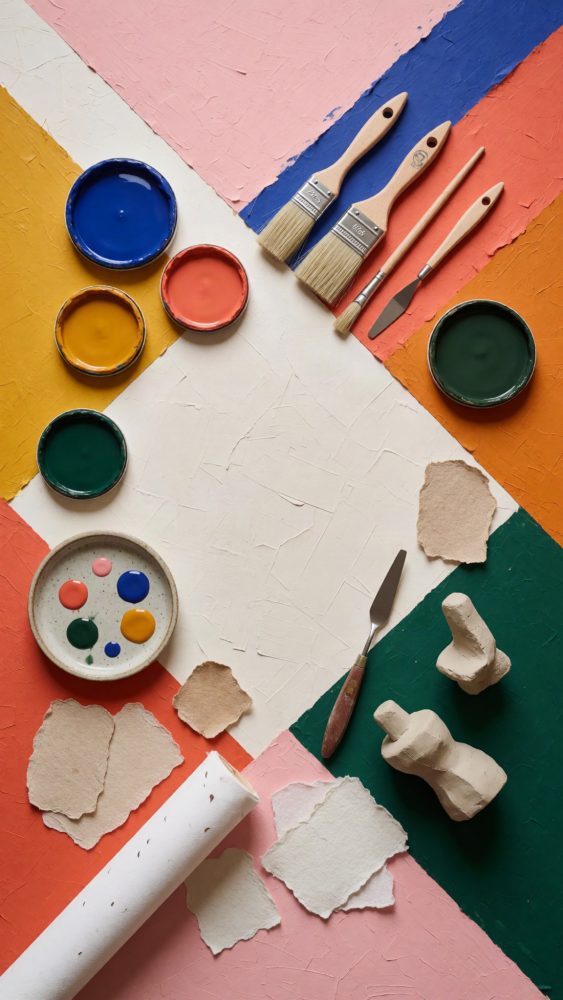 Tintas, pincéis, espátulas e papel reciclado sobre fundo colorido e texturado para arte