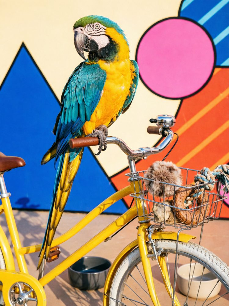 Arara azul e amarela pousada no guiador de uma bicicleta amarela com fundo colorido geométrico